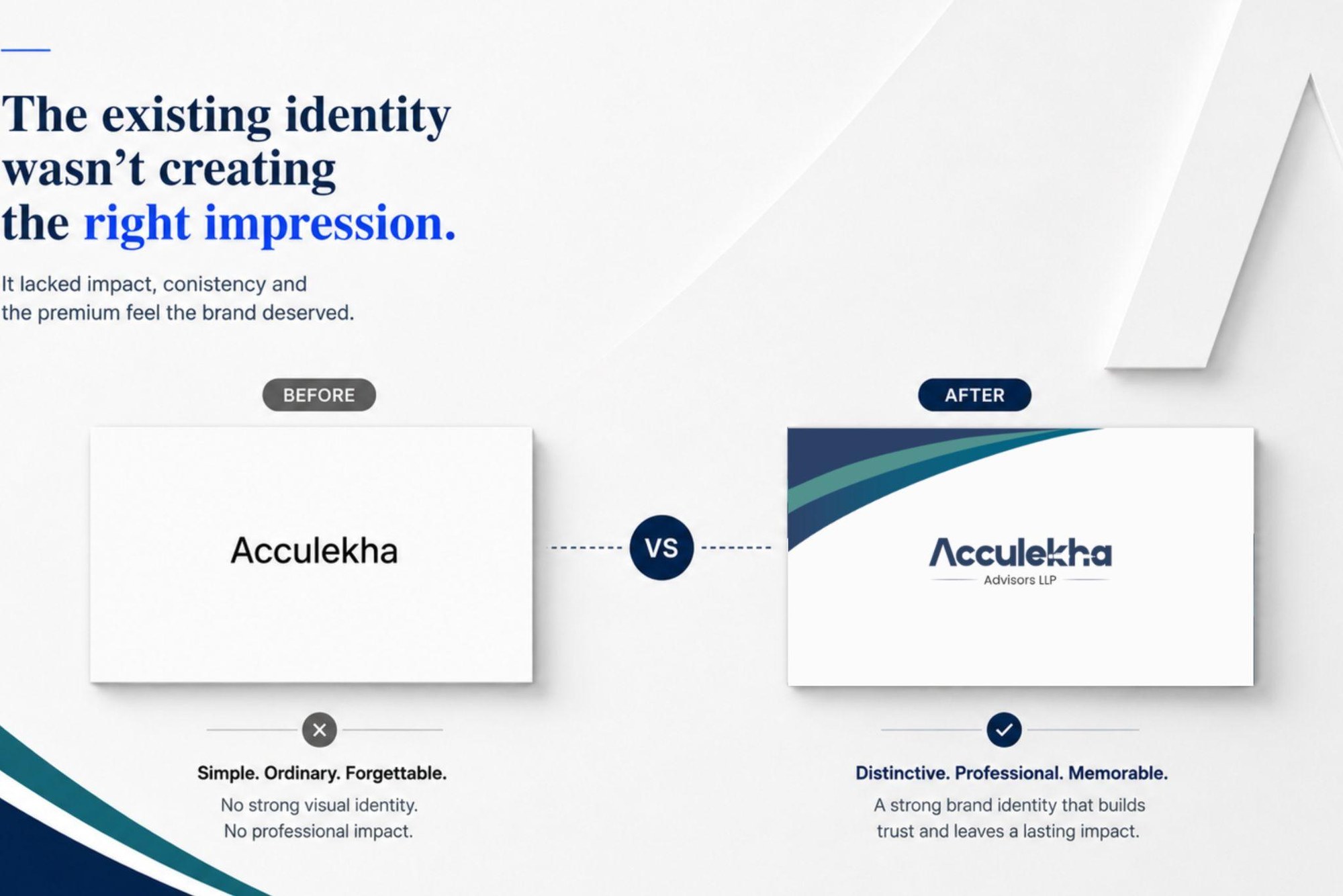 The earlier Acculekha Advisors identity and visiting card shown before the redesign