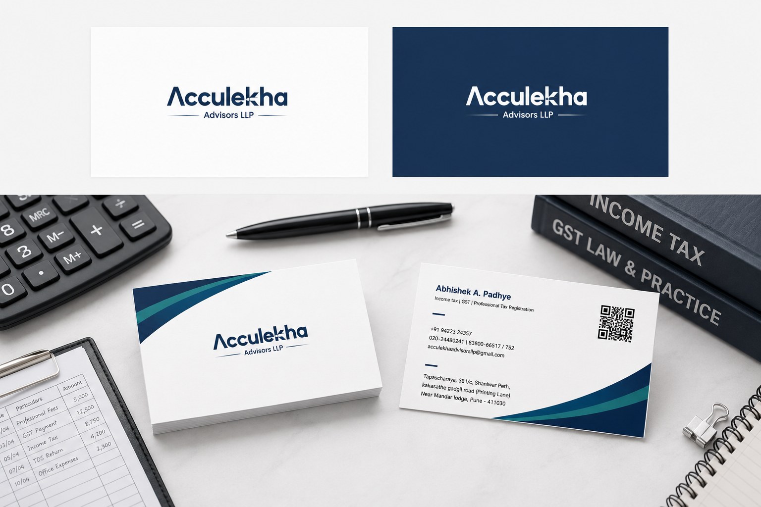 Acculekha Advisors brand assets including logo variations, visiting card front and back and the colour palette