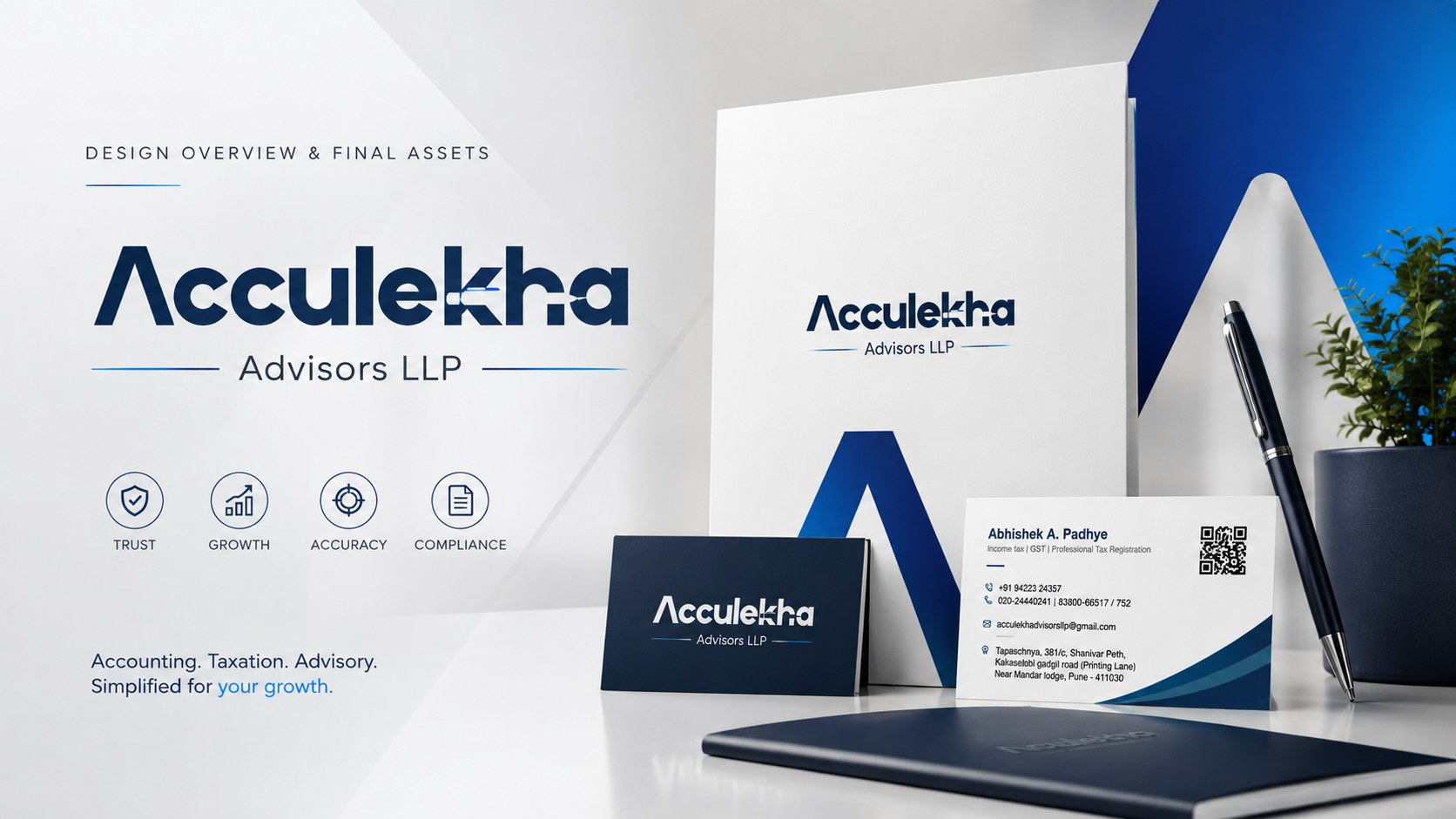 Acculekha Advisors LLP brand identity presented across logo and stationery applications