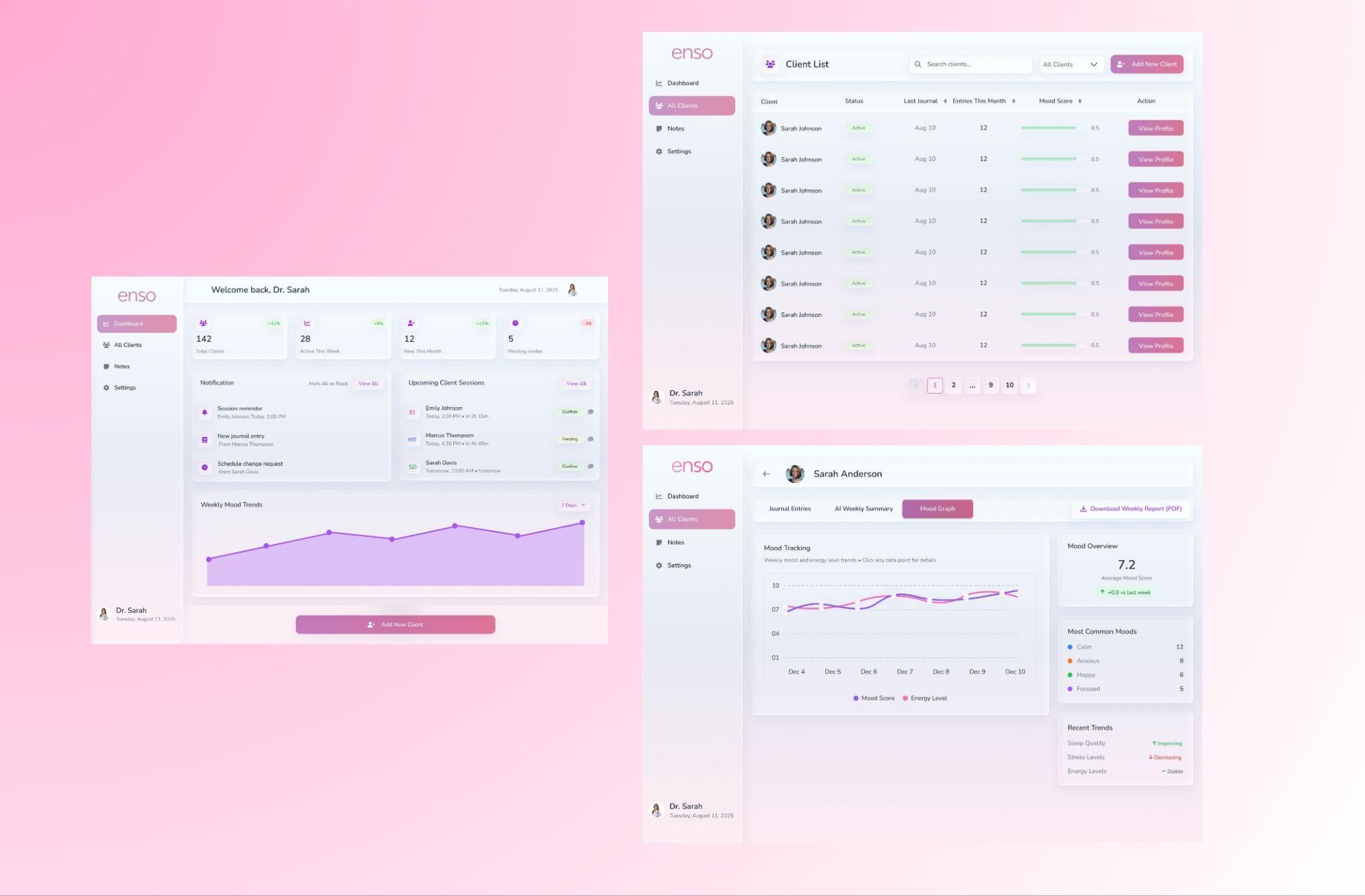 ENSO therapist dashboard, client list and mood tracking interface screens.