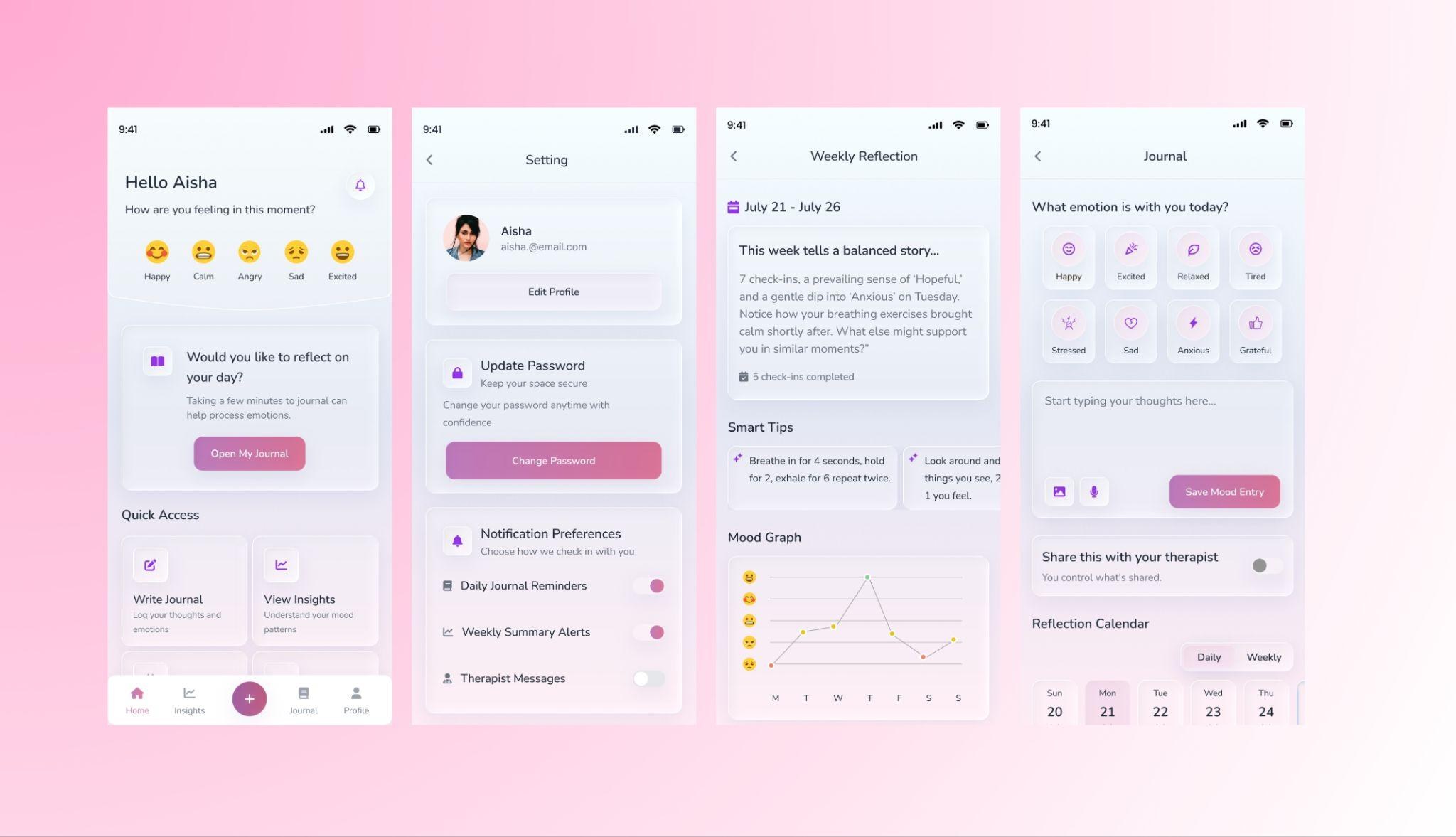 ENSO mobile application journaling, mood and progress interface screens.