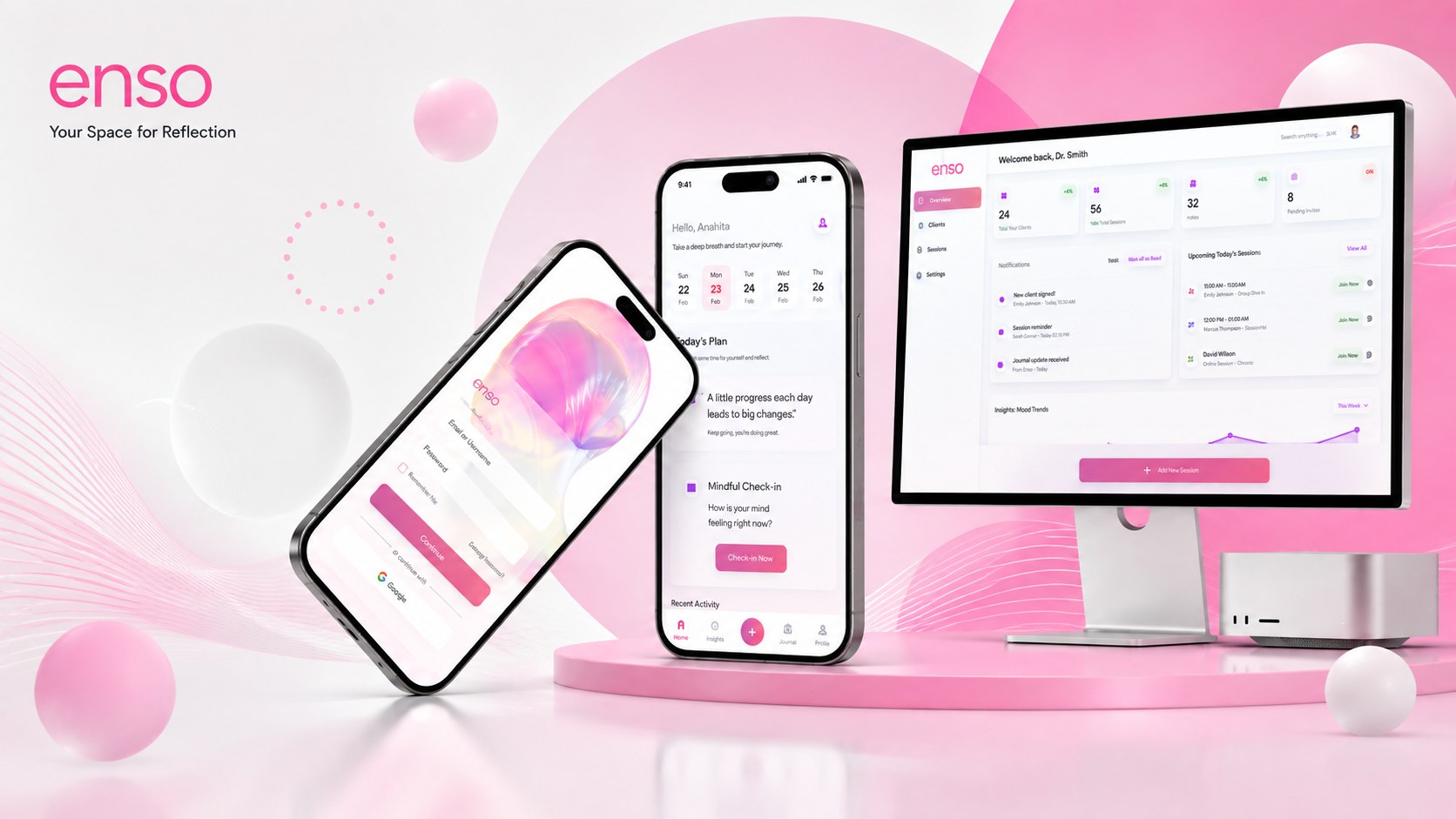 ENSO mental wellness mobile application screens presented together.