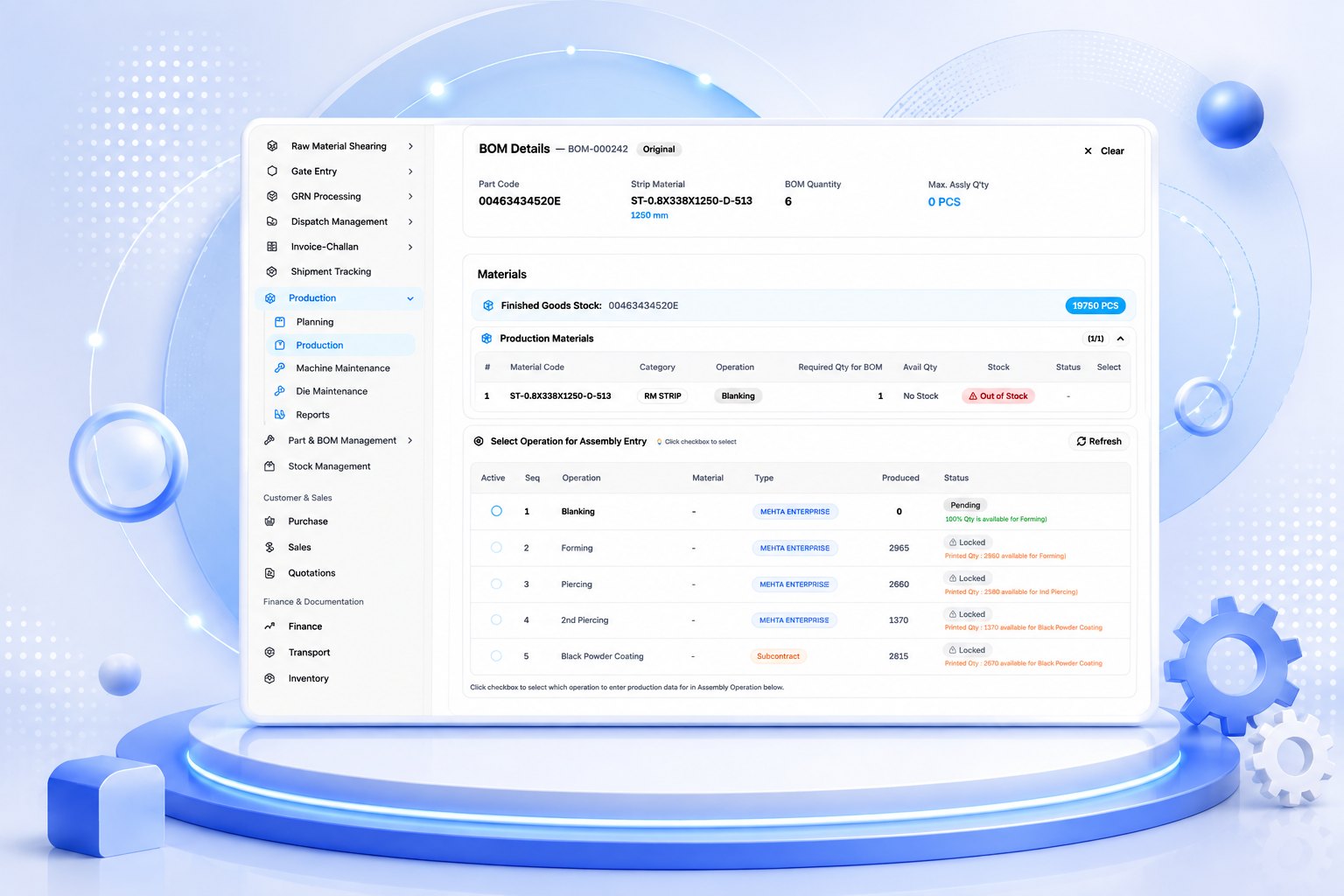 ERP BOM details screen showing materials, stock status and assembly operations.