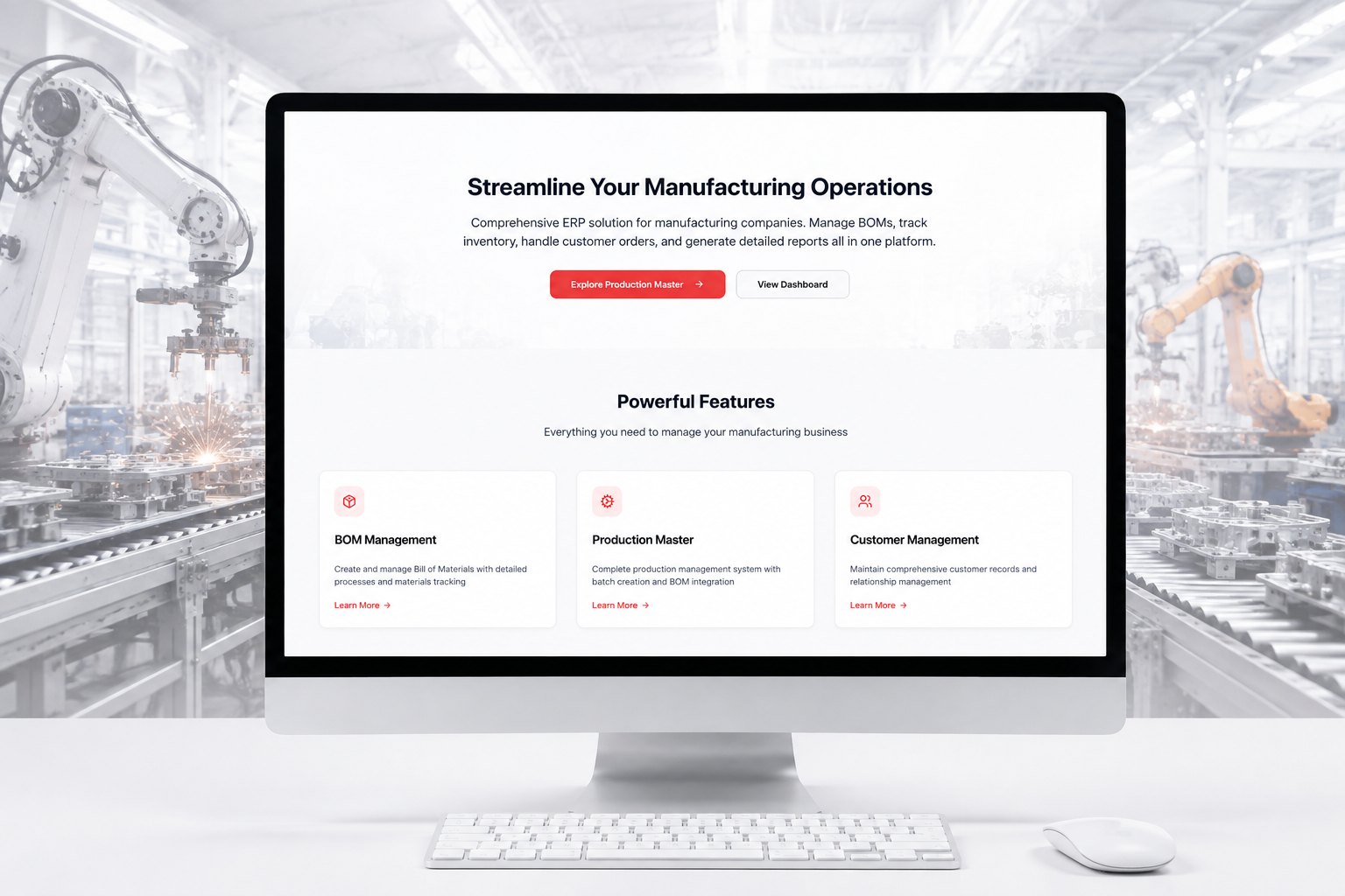 Manufacturing ERP System homepage shown on a desktop screen inside a production facility.