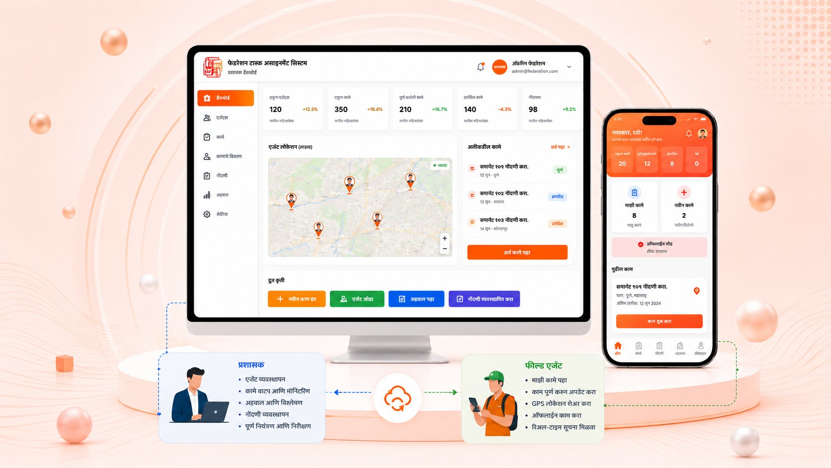 Federation administrator dashboard on desktop with the field agent mobile application beside it.