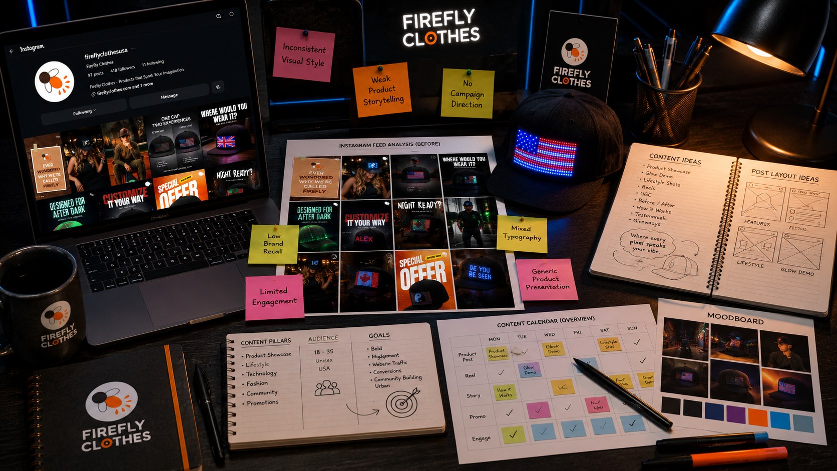 Firefly Clothes scalable social media framework board with content pillars and visual language.