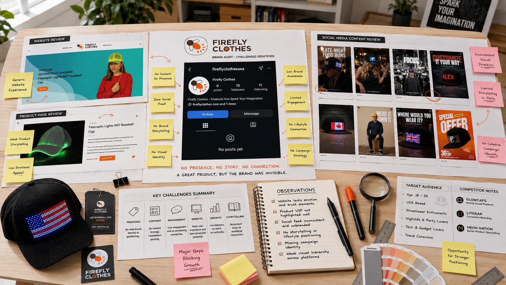 Firefly Clothes brand identity challenge board reviewing inconsistent earlier social content.