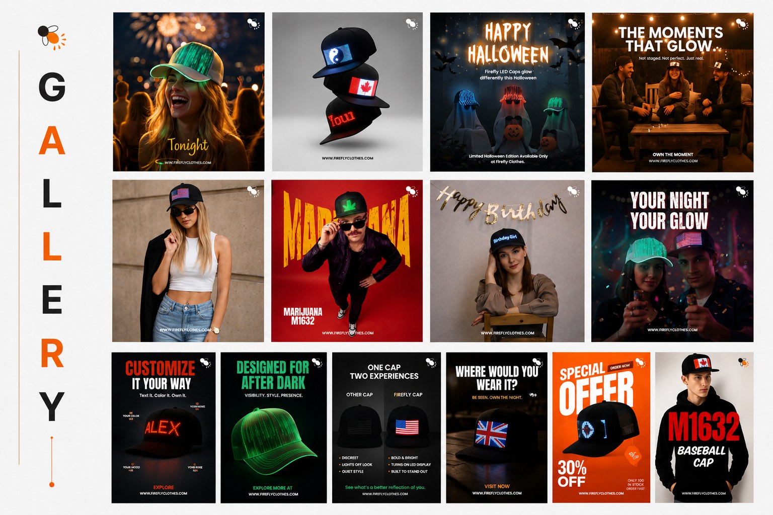 Firefly Clothes brand identity, Instagram feed, lifestyle campaigns and website experience gallery board.