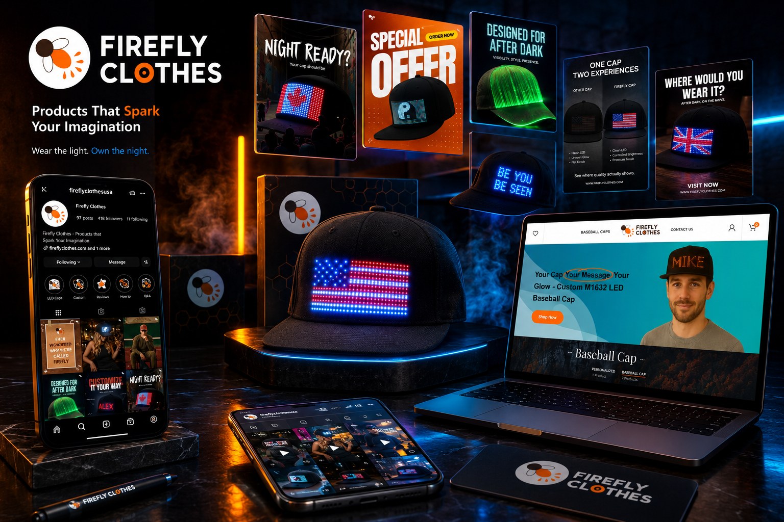 Firefly Clothes USA LED baseball caps presented across a connected digital brand ecosystem.