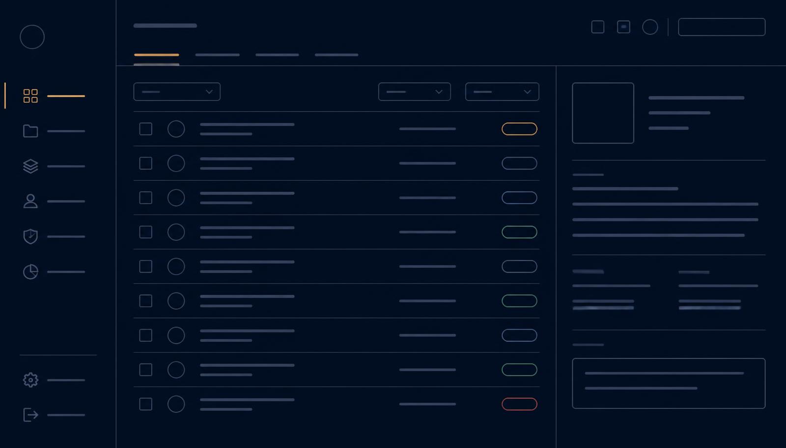 Generalised role-based workspace showing task rows, status indicators and a detail panel