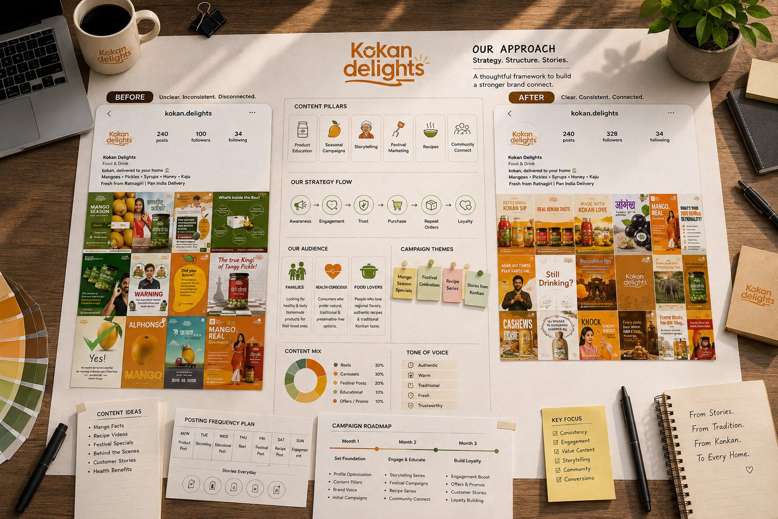 Kokan Delights scalable social media system board with content pillars and visual language.