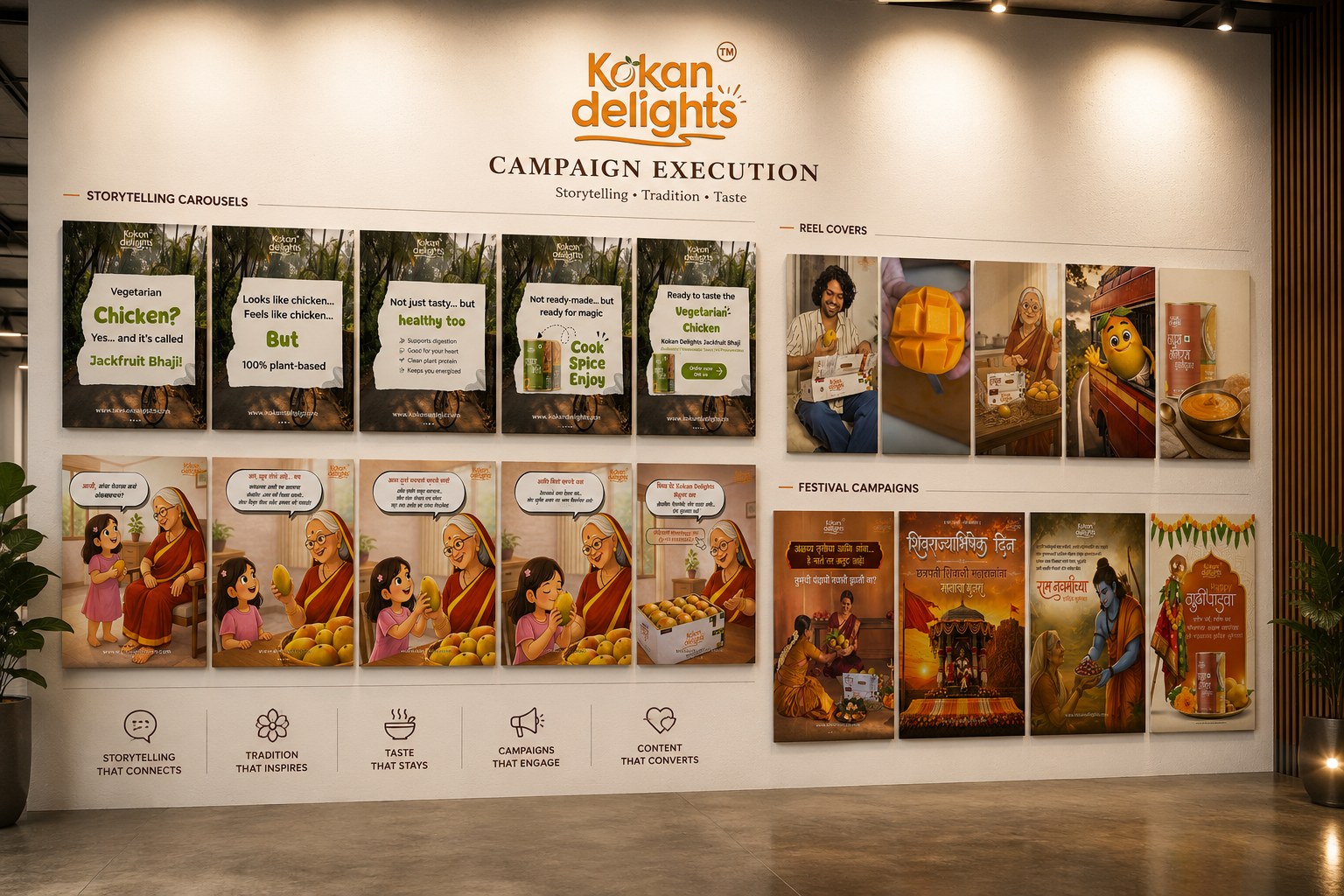 Kokan Delights campaign execution board showing product, festive and storytelling social creatives
