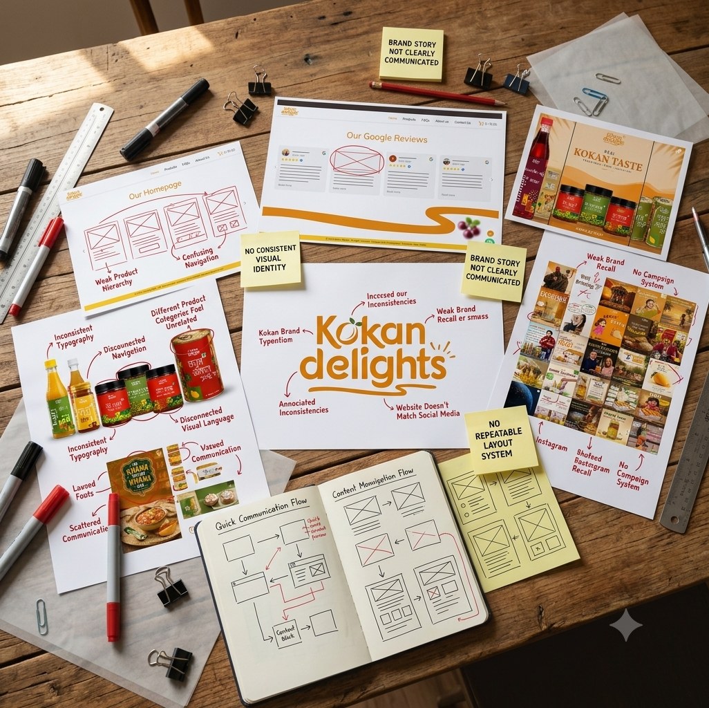 Kokan Delights social media audit board showing inconsistent earlier content.