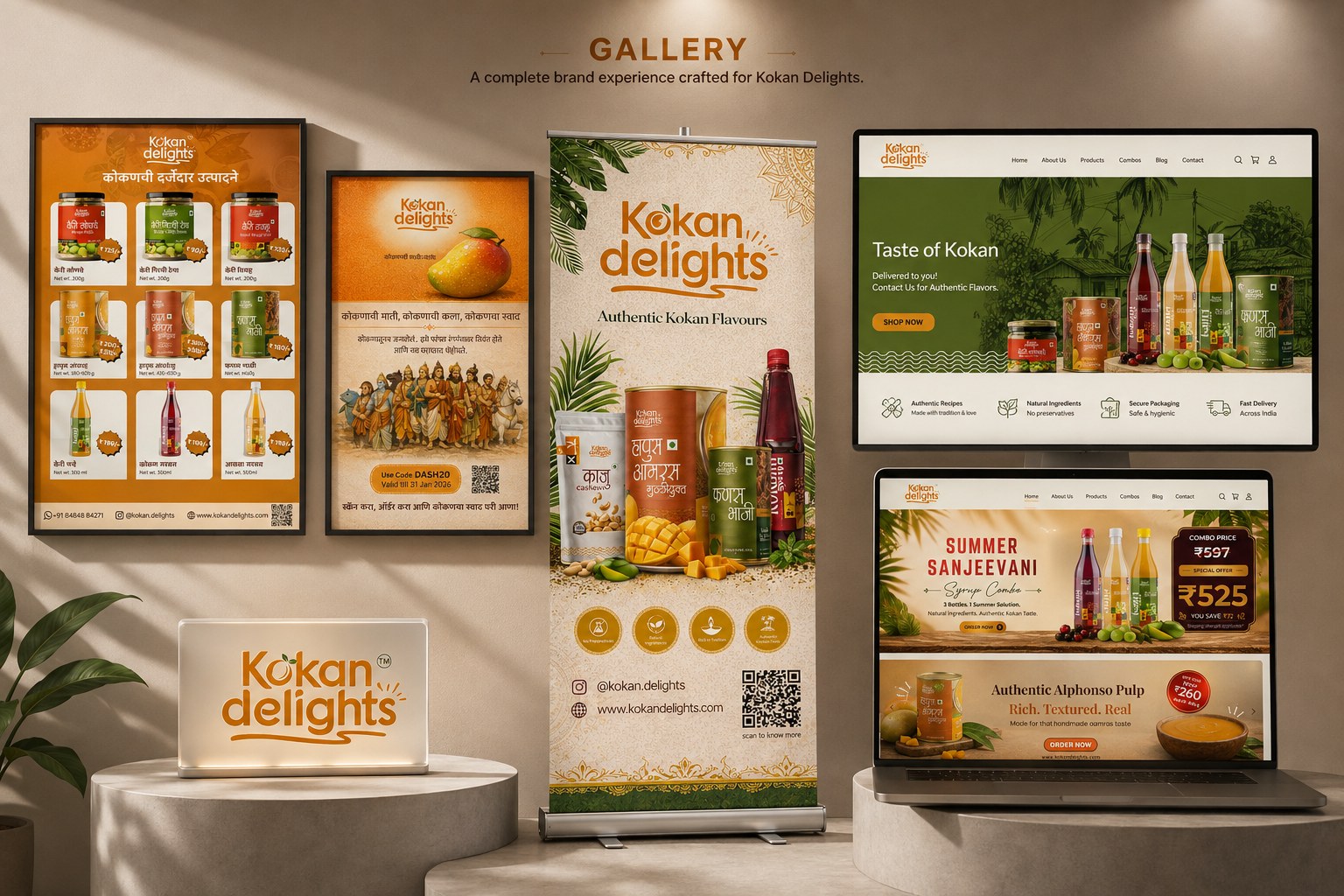 Kokan Delights brand identity, Instagram feed, campaign creatives and digital brand ecosystem gallery board.
