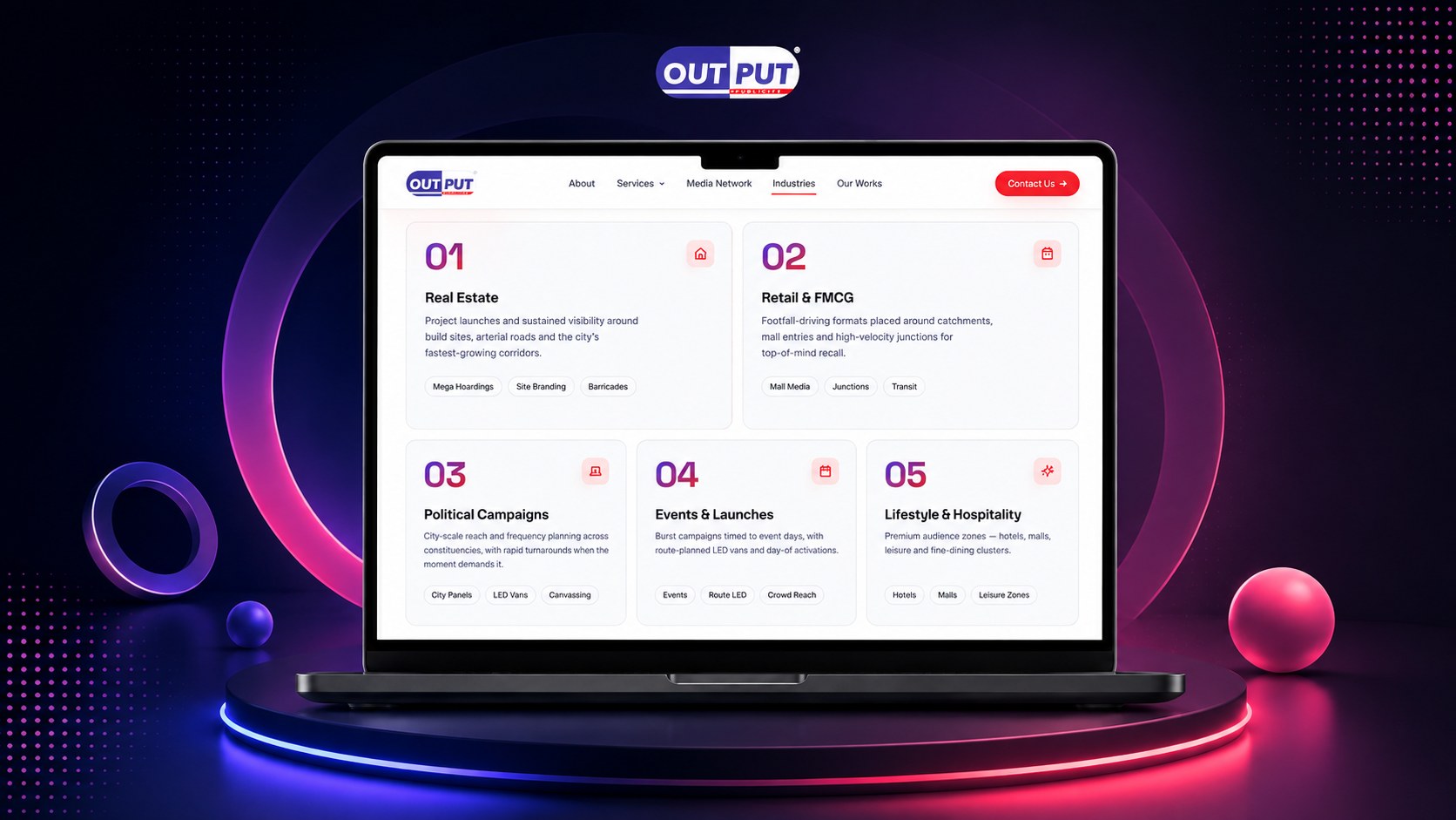 Output Publicity industries section showing structured service and audience cards.