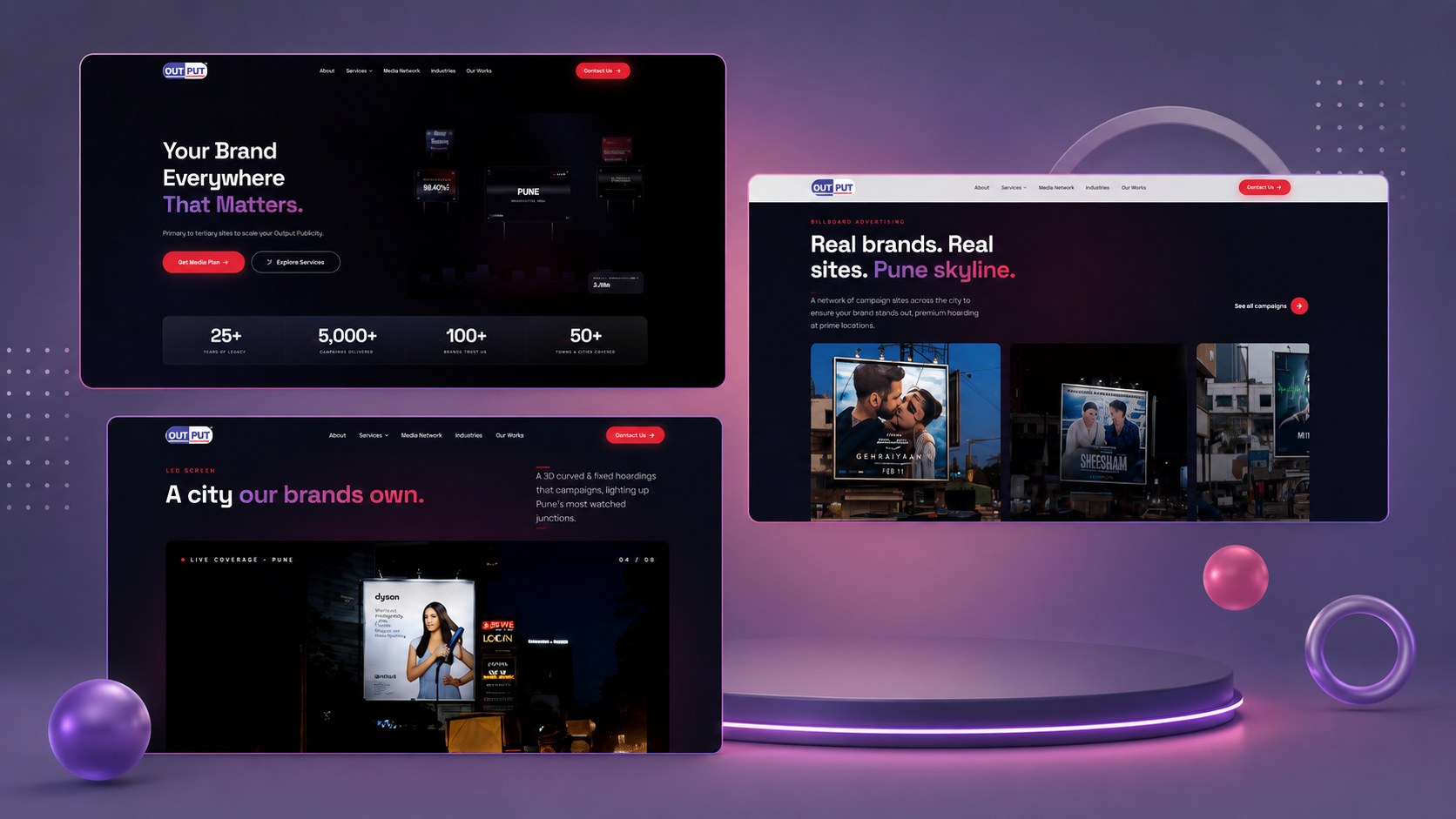 Output Publicity homepage, campaign showcase and LED screen sections.