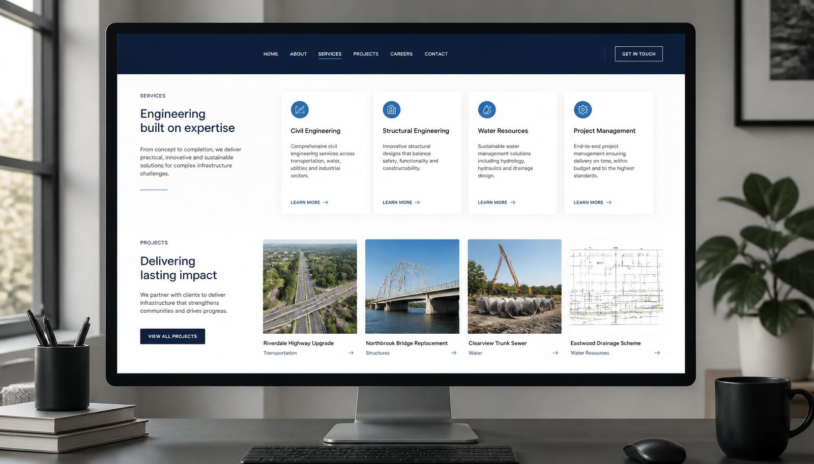 Pristine website services and projects page shown on a desktop monitor
