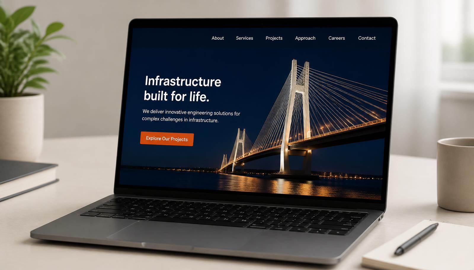 Pristine website homepage shown on a laptop with an illuminated bridge in the hero area