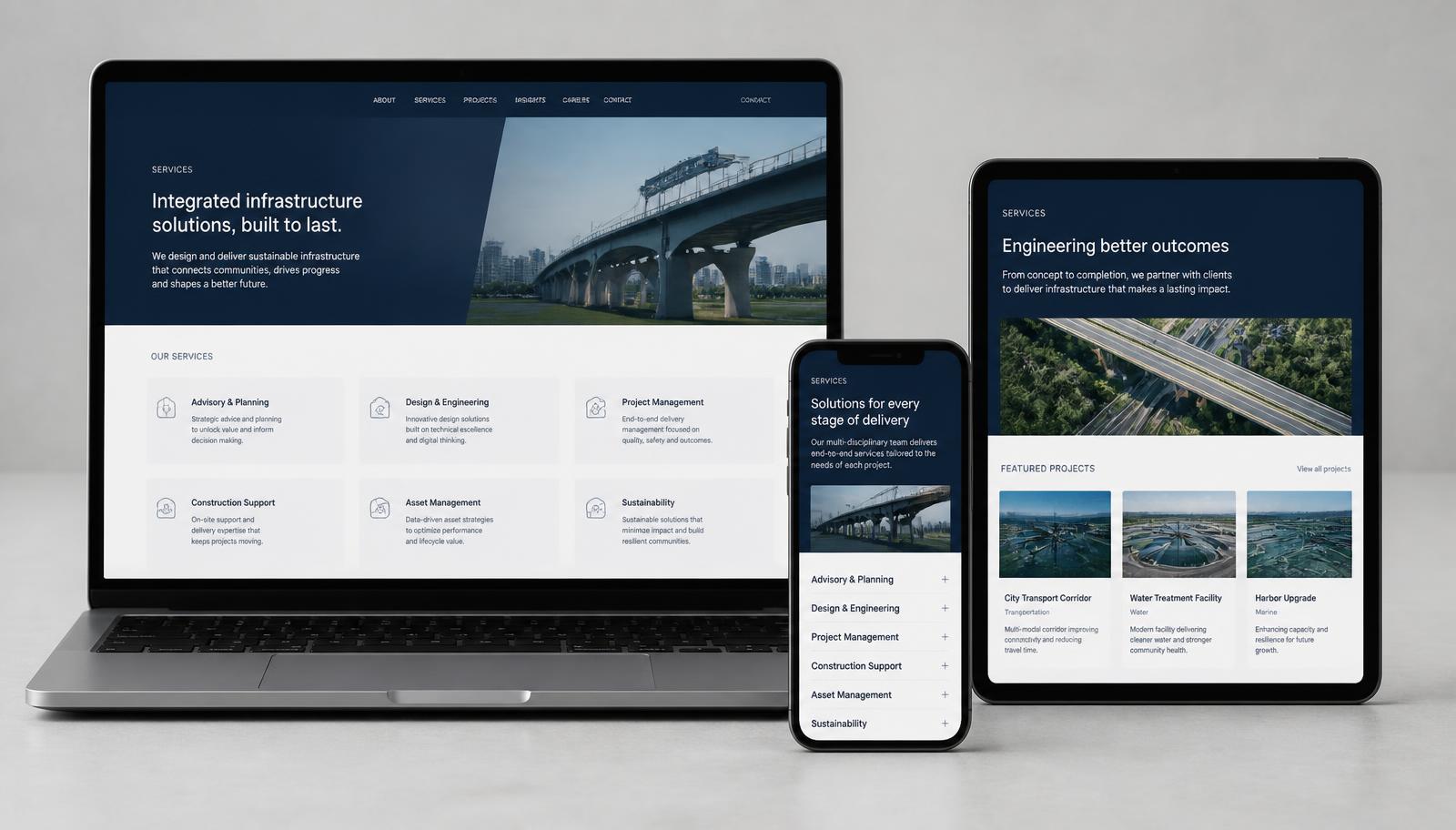 Pristine responsive website interface shown across a laptop, tablet and phone