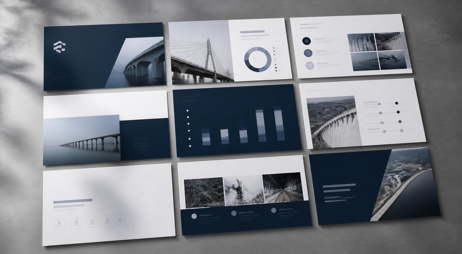 RSG presentation system shown as a set of navy and white slide layouts with charts and project photography