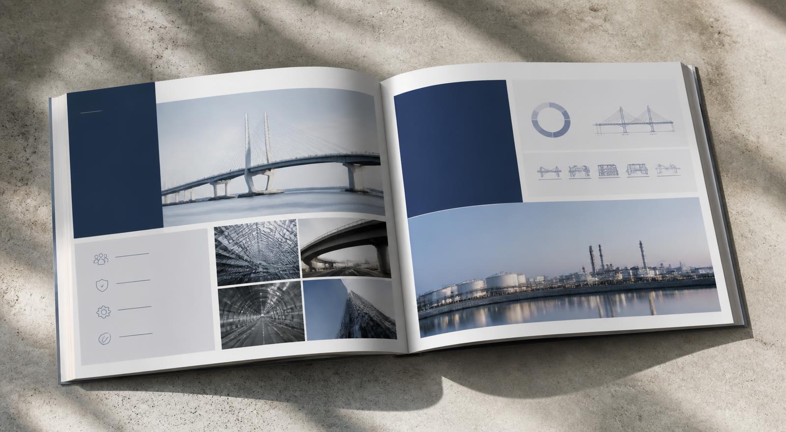 RSG company-profile spread showing engineering capabilities, diagrams and project imagery