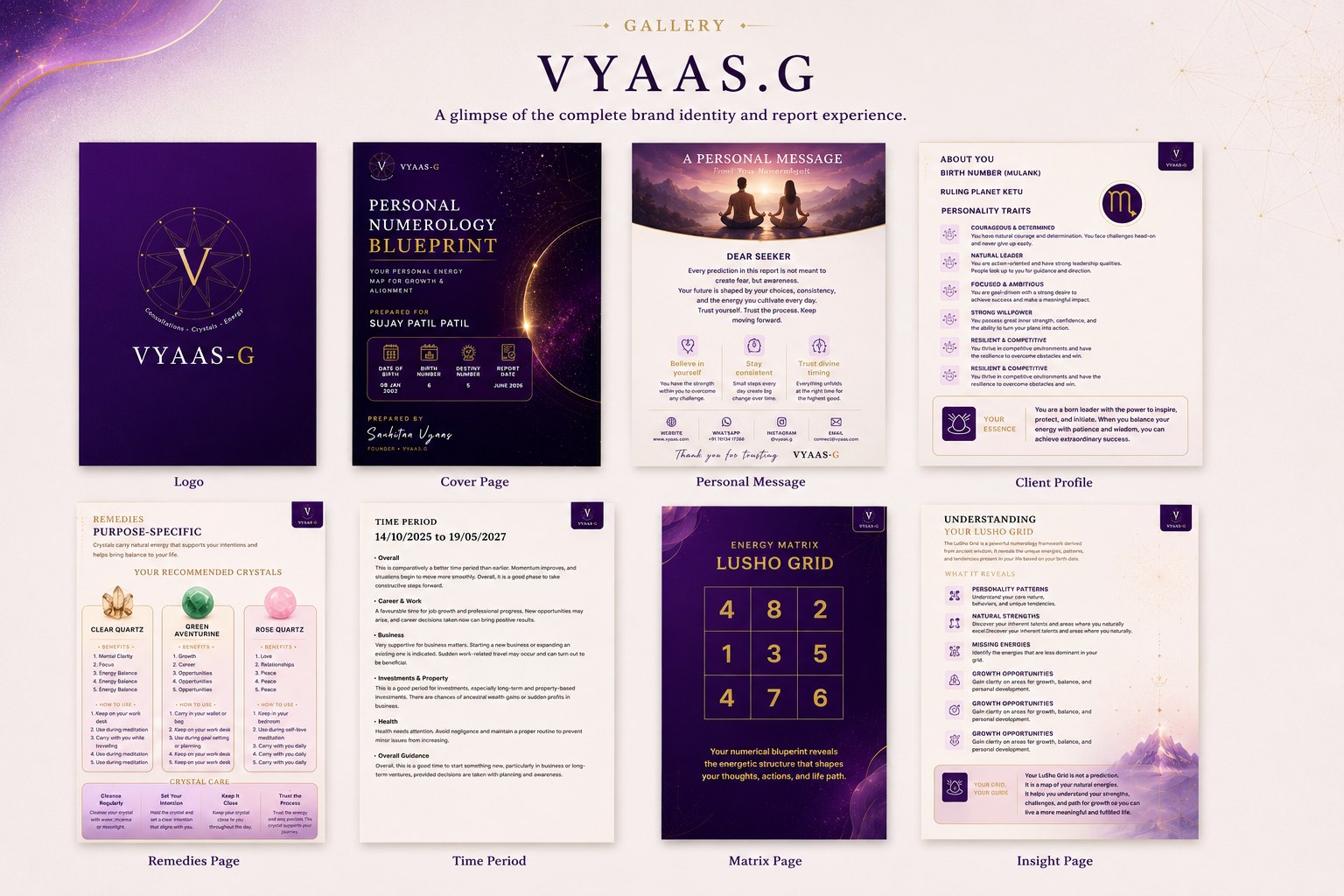 Vyaas.G brand identity, numerology report pages, crystal recommendations and template system